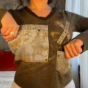 Brown V-Neck Sweater with Denim Pockets